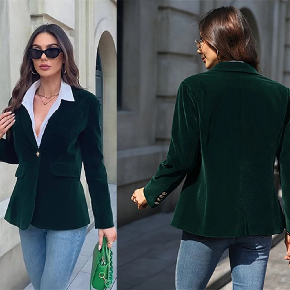 NEW Miranda Timeless Button Gold-Tone Velvet Blazer Top Dark Green Size: Small